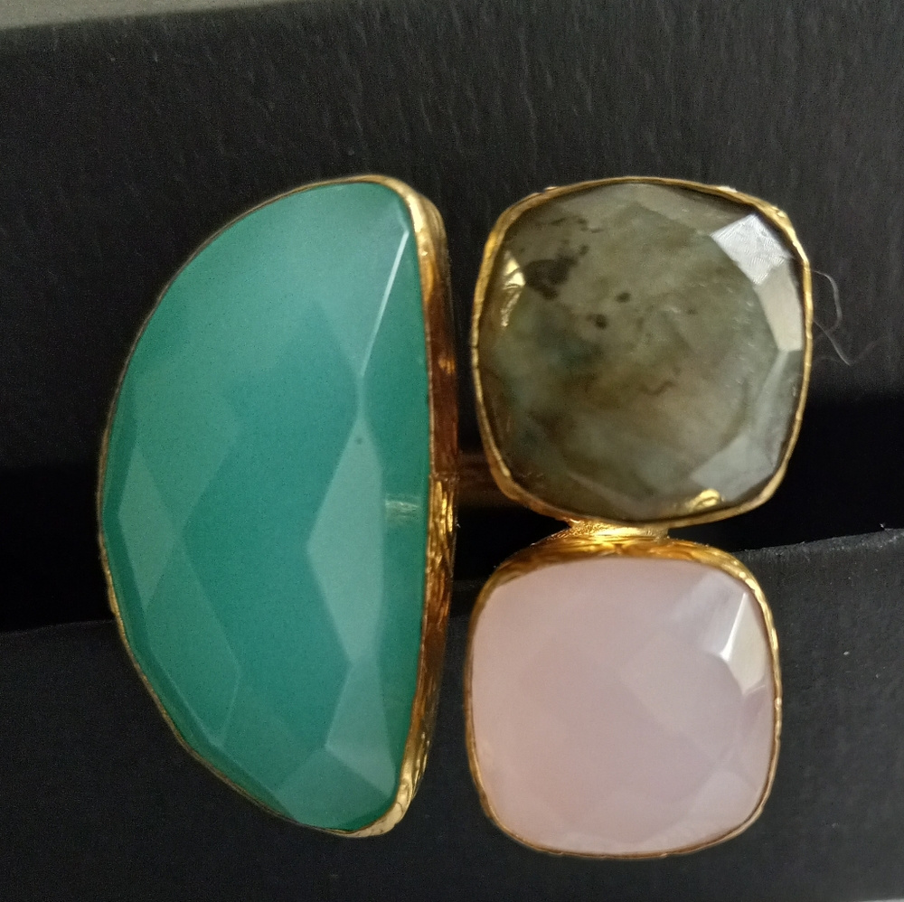 Ottoman Hands Ring - three stone collage gold plated brass